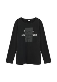 Zwarte langemouwen t-shirt met ronde hals en een getextureerde graphic, met de tekst "Er is nooit genoeg tijd" in witte en grijze letters.