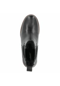 Bottine noire en cuir avec un bout arrondi, des panneaux latéraux élastiques, des coutures texturées et une languette à l'arrière pour un enfilage facile.