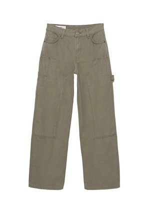 Pantaloni cargo khaki in un misto di cotone resistente. Presentano gambe larghe, molteplici tasche frontali, una tasca laterale e una cintura semplice.