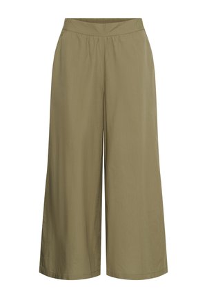 Široke hlače s kratkim hlačnicami in visokim pasom v mat olivno zeleni tkanini z elastičnim pasom in subtilnimi sprednjimi gubami.