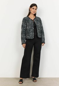 Leopard-print jacket with a round neckline, button closure, and contrasting black trim; paired with black wide-leg pants and slide shoes.