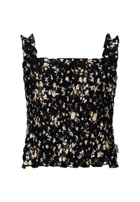 Schwarzes Blumenoberteil mit gelben und weißen Blumen, sanfte Raffung, geraffter Oberteil und dünne Träger mit Rüschendetails.