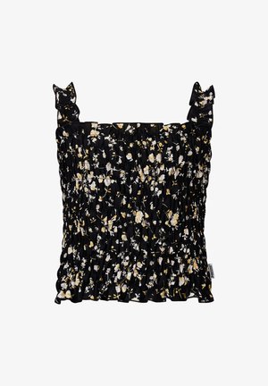 Black floral top with yellow and white flowers, soft ruched texture, smocked bodice, and thin straps with ruffled accents.