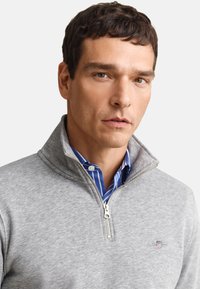 Homme aux cheveux courts et foncés portant un pull gris à fermeture éclair partielle sur une chemise à rayures bleues avec col, regardant légèrement vers la droite sur un fond blanc.