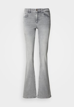 Graue Schlagjeans aus Denim, mit hoher Taille, Fünf-Taschen-Design und Used-Details an den Vorderbeinen.