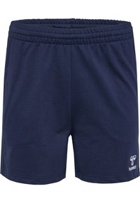 Marina blå bomullsshorts med elastisk midja, med en liten vit logotyp på nedre högra sidan. Enkelt mönster utan fickor.