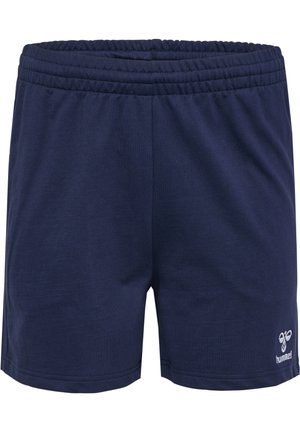 Mørkeblå bomuldsshorts med elastisk talje, med et lille hvidt logo nederst til højre. Simplistisk design uden lommer.