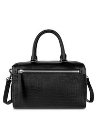 Borsa a mano in pelle nera con motivo coccodrillo testurizzato, doppi manici superiori, tracolla removibile e tasca frontale con zip.