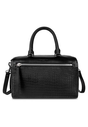 Black leather handbag with a textured crocodile pattern, dual top handles, detachable shoulder strap, and a zippered front pocket.