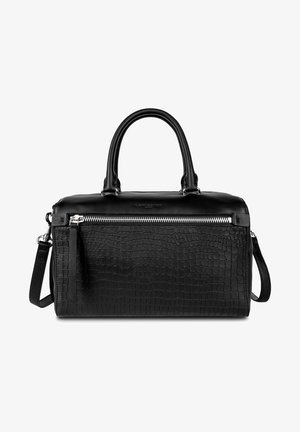 Schwarze Lederhandtasche mit strukturiertem Krokodilmuster, zwei oberen Griffen, abnehmbarem Schultergurt und einer Reißverschlussfronttasche.