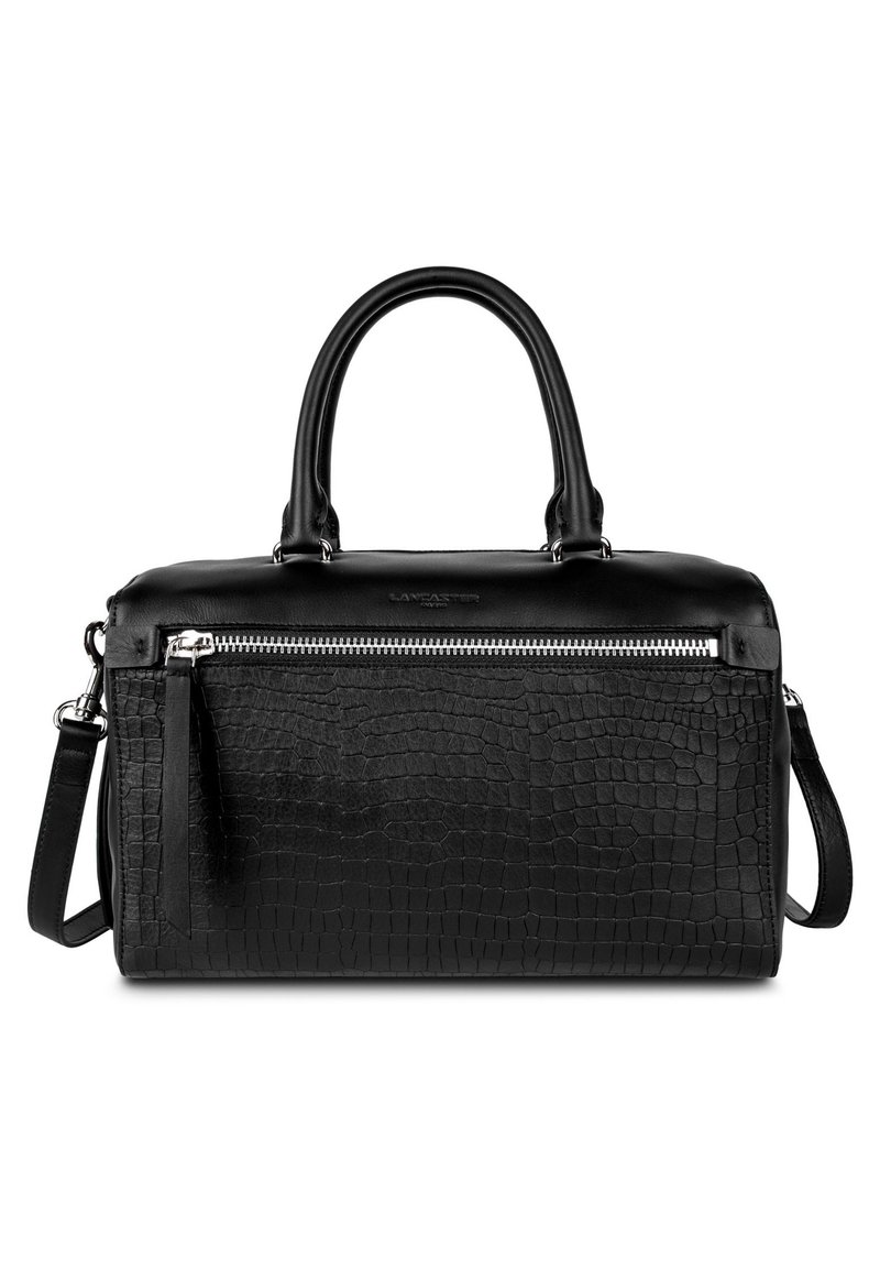 Borsa a mano in pelle nera con motivo coccodrillo testurizzato, doppi manici superiori, tracolla removibile e tasca frontale con zip.
