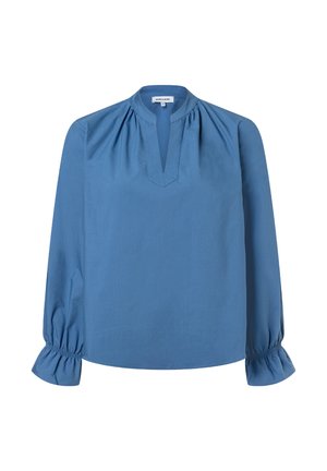 Blauwe blouse met lange mouwen, een V-hals en geplooide details op de mouwen, gemaakt van gladde stof, met een relaxte pasvorm en een minimalistisch ontwerp.