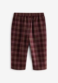 Pantalones cortos de cuadros con cintura elástica, que presentan patrones de cuadros en color burdeos, rosa y marrón sobre una tela texturizada. Longitud hasta medio muslo.