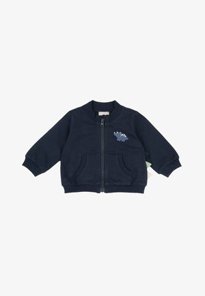 Giubbotto blu navy con zip per bambini piccoli, con polsini a costine, tasche frontali e piccola grafica di dinosauro sul petto sinistro.