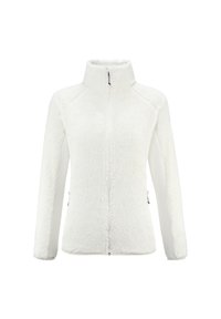 Veste en polaire blanche à zip intégral avec col haut, manches longues et poches latérales zippées, présentée sur un fond blanc.