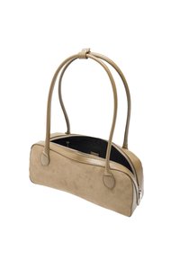 Beżowa zamszowa torebka na podwójne uchwyty, z zamkiem błyskawicznym i gładkim skórzanym wykończeniem. Wnętrze wyściełane czarną podszewką. Prostokątny kształt.