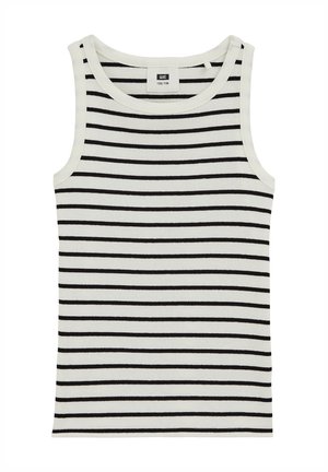 Weißes, geripptes Tanktop mit schwarzen horizontalen Streifen, ärmellos, Rundhalsausschnitt, Größenetikett zeigt 122/128.