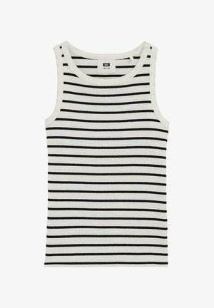 Balti riboto audinio marškinėliai be rankovių su juodomis horizontaliomis juostelėmis, apvalia iškirpte, dydžio etiketė rodo 122/128.