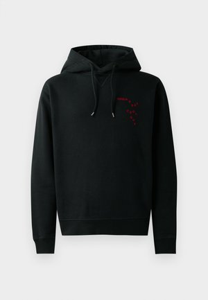 Black hoodie with a kangaroo pocket, featuring a red printed logo on the chest. Drawstrings with silver tips and ribbed cuffs. Cotton material.