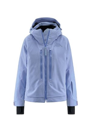 Giacca impermeabile azzurro chiaro con cappuccio, dotata di due tasche frontali con zipper, chiusura frontale con zipper e polsini neri a contrasto.