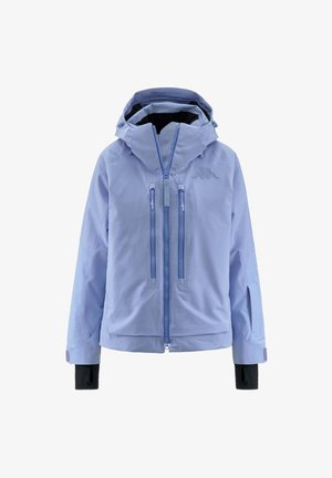 Giacca impermeabile azzurro chiaro con cappuccio, dotata di due tasche frontali con zipper, chiusura frontale con zipper e polsini neri a contrasto.