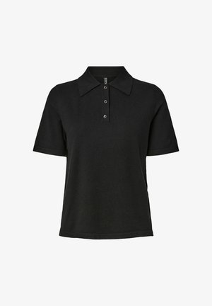 Juodas polo marškinėliai, pagaminti iš minkštos medžiagos, su klasikiniais apykaklėmis, trumpomis rankovėmis, keturiais mygtukais ir be matomų raštų ar akcentų.