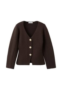 Dunkelbraune, strukturierte Langarmstrickjacke mit V-Ausschnitt und drei dekorativen Knöpfen in Goldoptik auf der Vorderseite.