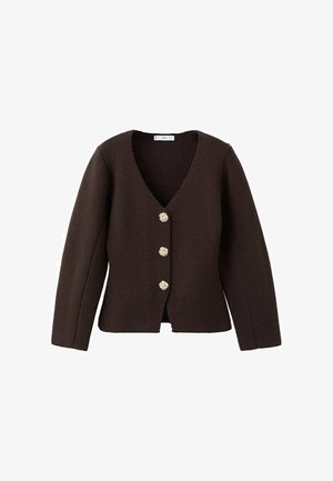 Donkerbruine, gestructureerde cardigan met lange mouwen, V-hals en drie decoratieve goudkleurige knopen aan de voorkant.