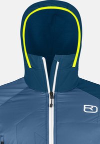 Blue insulated jacket with a high collar, contrasting yellow accent around the hood, and a white zipper. Features a logo on the chest.
