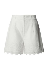 Weiße Shorts mit hohem Bund, floraler Spitzenstickerei entlang des gewellten Saums und doppeltem Knopfverschluss am Bund.