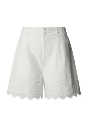 Witte shorts met hoge taille, voorzien van bloemrijke kanten borduursels langs de getandde zoom en een dubbele knoopsluiting aan de tailleband.