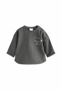 Harmaa huppari, jossa on pyöreä pääntie, pitkät hihat ja brodeerattu elefanttikuva vasemmalla rinnassa. Pehmeä kangas.