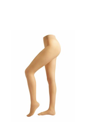 Tan-colored sheer pantyhose displayed on a pair of mannequin legs, one leg slightly raised and bent at the knee.