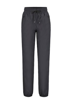 Black, lightweight, synthetic pants with an elastic drawstring waistband, side zip pockets, and elastic cuffs at the ankles.