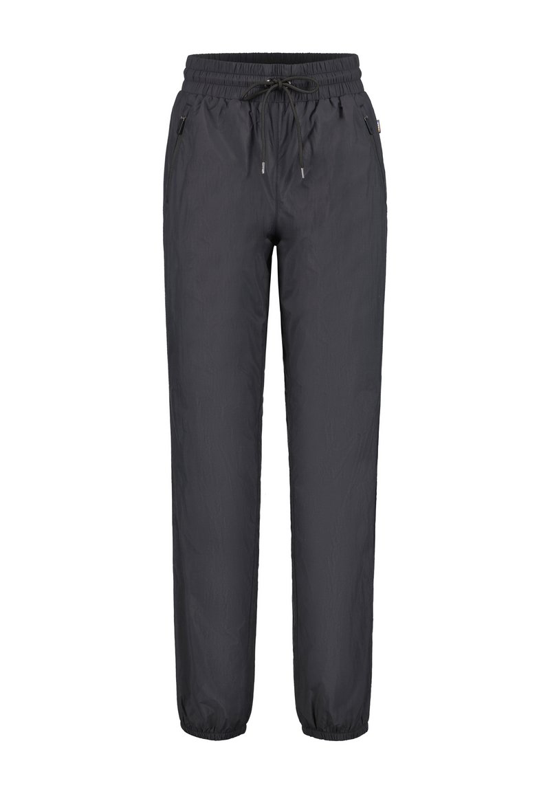 Svarta, lätta, syntetiska byxor med elastisk dragsko i midjan, sidofickor med dragkedja och elastiska muddar vid anklarna.