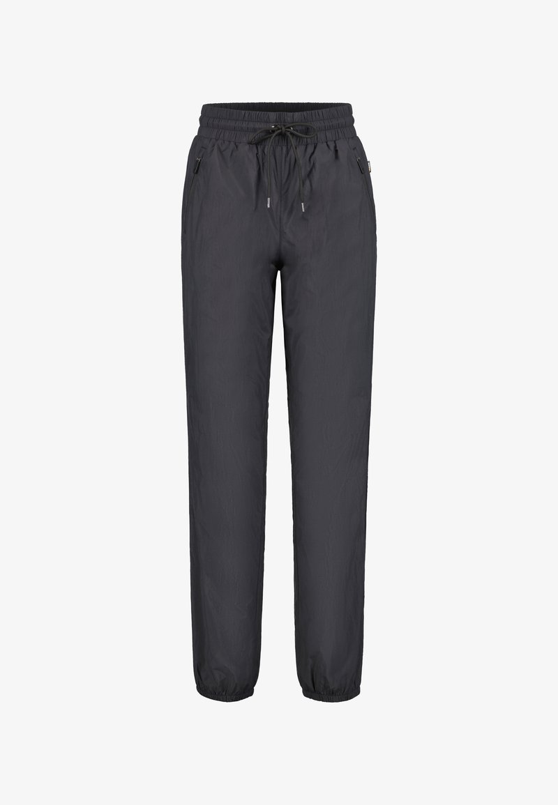 Svarta, lätta, syntetiska byxor med elastisk dragsko i midjan, sidofickor med dragkedja och elastiska muddar vid anklarna.