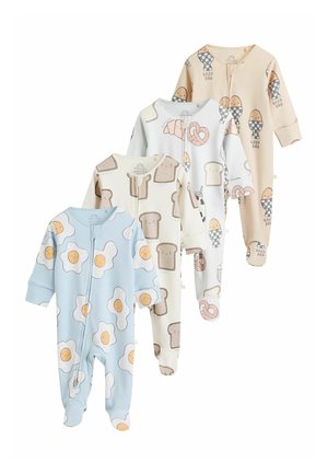 Vier Strampler für Kinder in verschiedenen Pastellfarben und Mustern: blau mit Eiern, beige mit Brot, weiß mit Brezeln, cremefarben mit Eiscreme.
