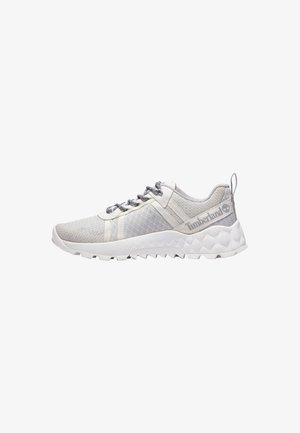 Light gray athletic shoes with a textured mesh upper, prominent white midsole, and a rubber outsole with a diamond pattern; features laces.