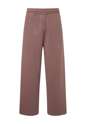 Pantalon marron à jambes larges et coupe décontractée avec taille élastique, en tissu doux et lisse, vu de face sur fond blanc.
