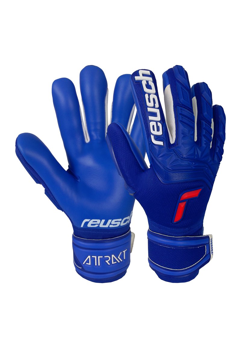 Guantes de portero azules con un diseño elegante, que cuentan con palmas texturizadas, correas elásticas en las muñecas y logotipos de marca destacados en acentos blancos y rojos.