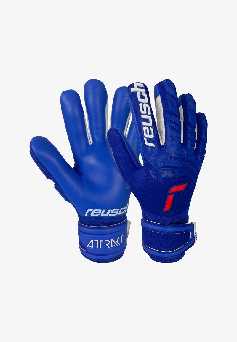 Guantes de portero azules con un diseño elegante, que cuentan con palmas texturizadas, correas elásticas en las muñecas y logotipos de marca destacados en acentos blancos y rojos.