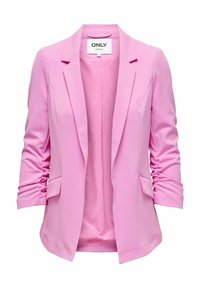 Rosa kavaj med en slät textur, strukturerad silhuett, sjalkrage och rynkade ärmar; har två framfickor och öppen framsida.