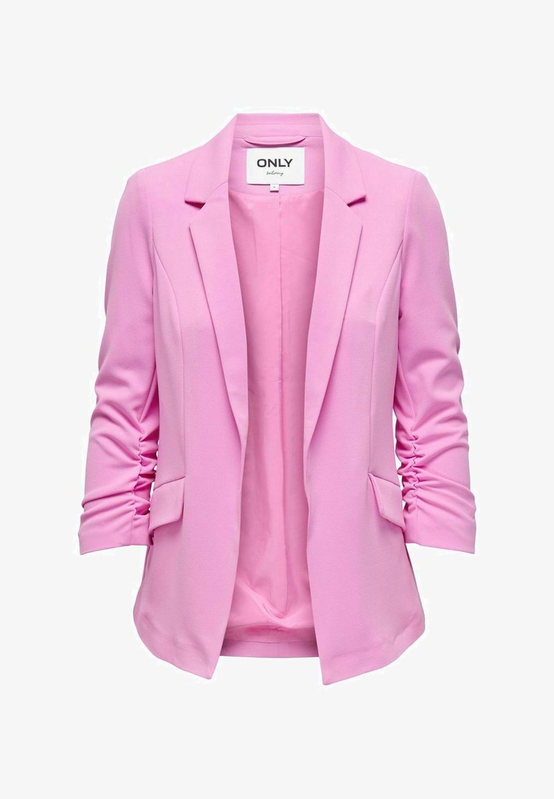 Rosa kavaj med en slät textur, strukturerad silhuett, sjalkrage och rynkade ärmar; har två framfickor och öppen framsida.