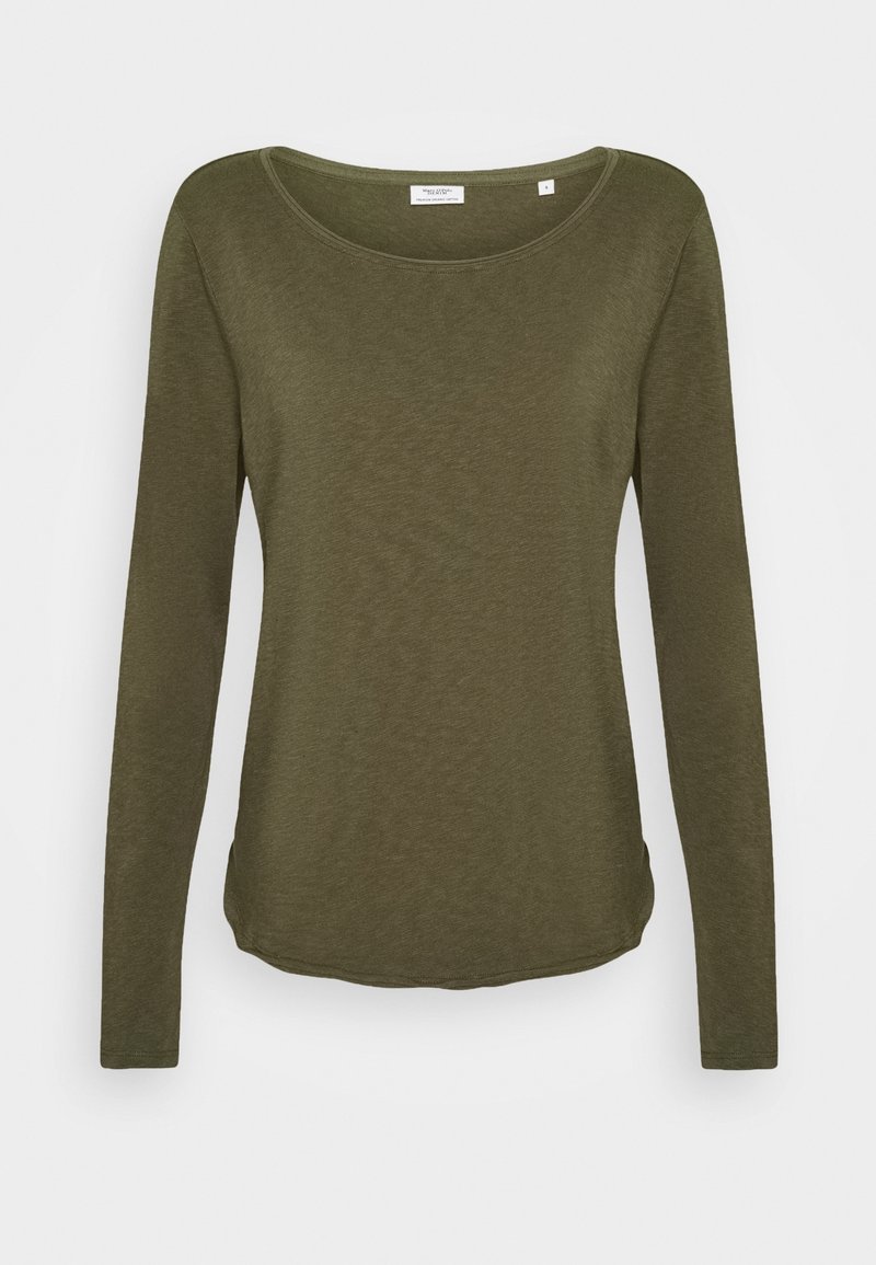 Olivgrünes Langarmhemd mit rundem Ausschnitt, weicher Textur und abgerundetem Saum. Etikett am Halsausschnitt sichtbar.