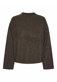 Pull en maille côtelée marron foncé avec des manches longues et une coupe légèrement cropped et ample.