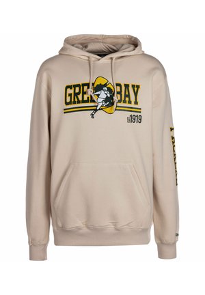 Beige Kapuzenpullover mit einem Frontdruck "GREEN BAY" in Gelb und Schwarz, Kängurutasche und gerippten Bündchen. Akzentuiert mit dem Detail "est. 1919".
