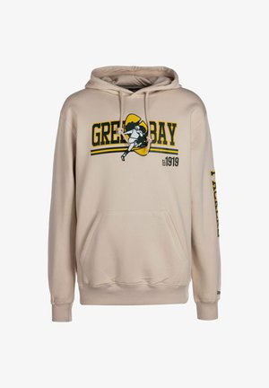 Beige Kapuzenpullover mit einem Frontdruck "GREEN BAY" in Gelb und Schwarz, Kängurutasche und gerippten Bündchen. Akzentuiert mit dem Detail "est. 1919".