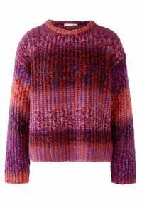 Stickad tröja med rund halsringning, som har en gradient av röda, orange och lila nyanser. Texturerade, löst sittande ärmar och kropp.