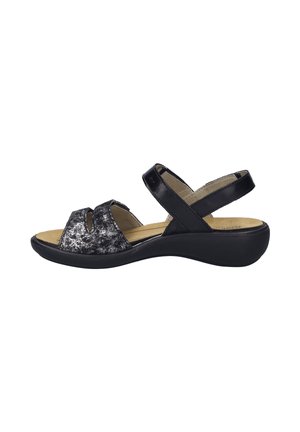 Black and silver sandals with a smooth, shiny finish, featuring two straps and a cushioned insole, on a contoured black sole.
