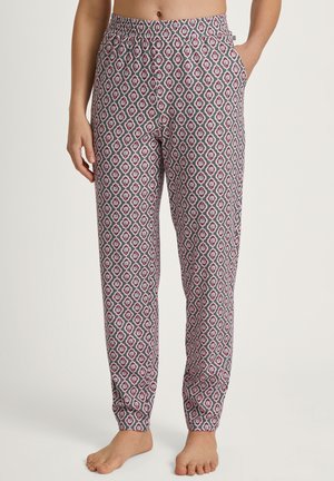 Bloemenpatroon pyjamabroek van zachte, lichte stof. Heeft een elastische tailleband, zijzakken en een tapering fit met een ruitjesontwerp in rood en blauw.